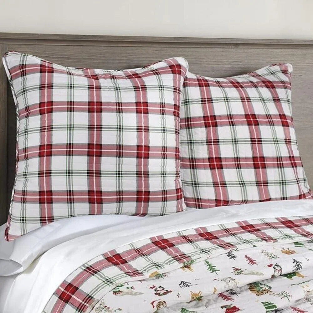 Levtex Home Meowy Christmas Sham Set Euro White Plaid Reversible 2-Piece BED6